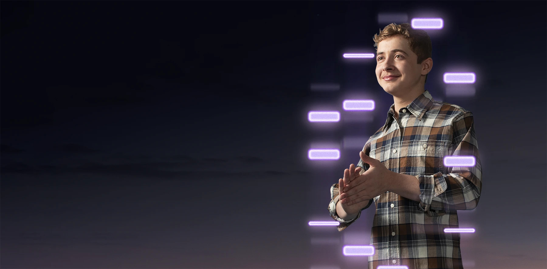 A smiling teenage boy wearing a plaid shirt. In the background, a pattern of genetic code. Caption is Elijah, living with limb-girdle muscular dystrophy.