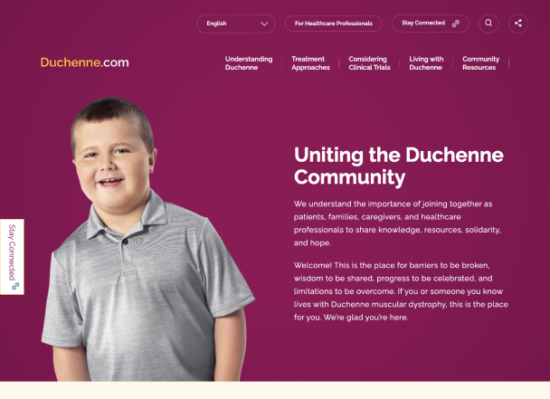 A screenshot of the homepage for Duchenne.com